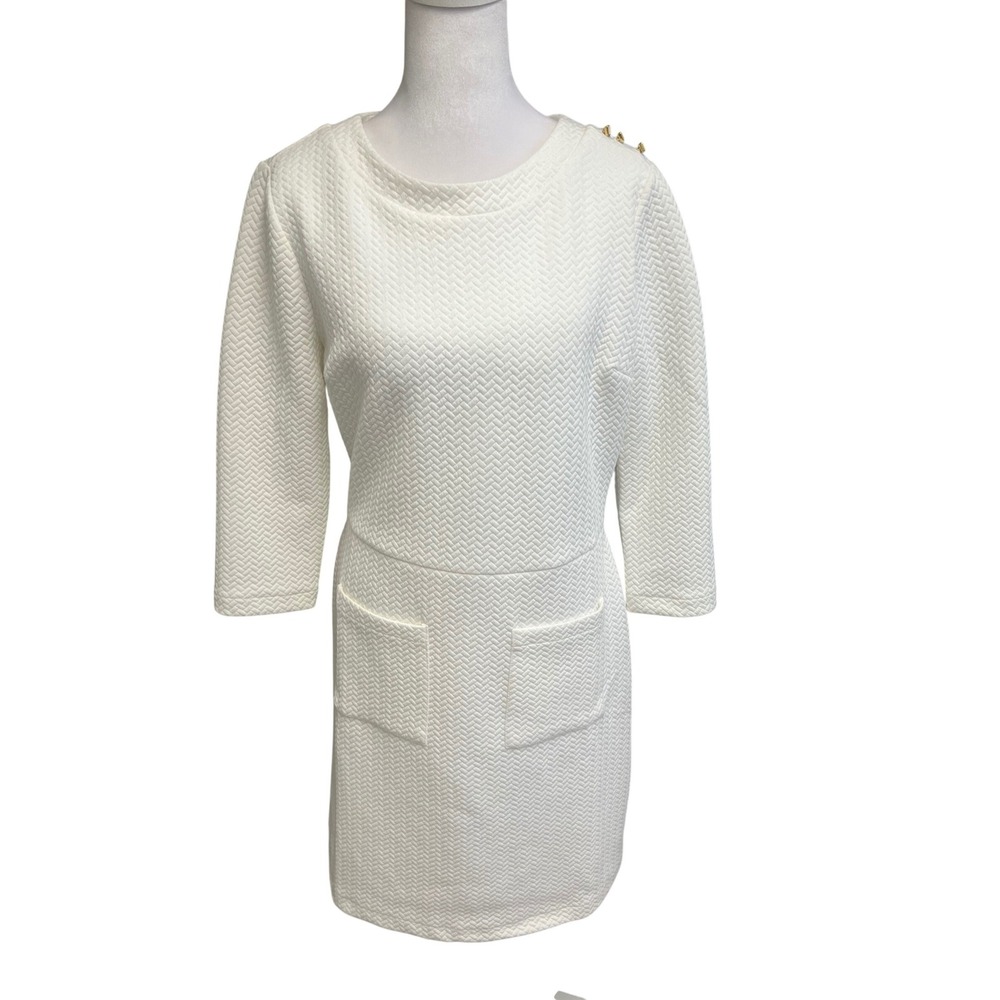 Coquette White Mini Shift Dress Quilted Sz 8 Gold Buttons Quiet Luxury Mod 60s